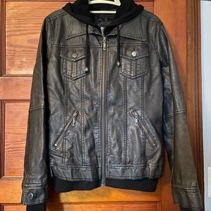Black Leather-look Motorcycle Jacket with Distressed Finish